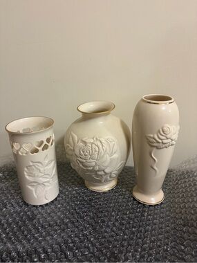 Vintage Lenox 24K Gold Trim Rose Embossed Vase Set of 3 Ivory